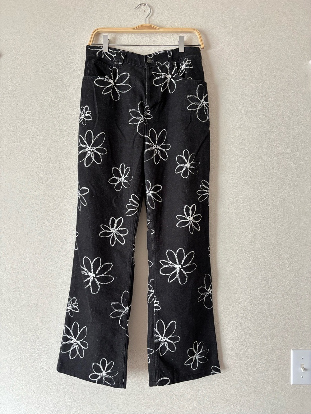 Reformation Floral Charcoal Black Embroidered Wide-Leg High Waist Jeans Size 30